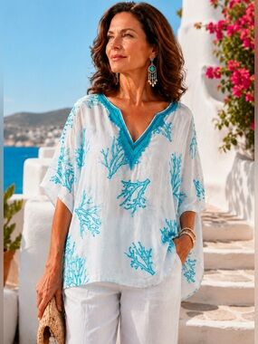 Chico's‎ The Coral Shades poncho Size Small/ Medium Turquoise/White nautical